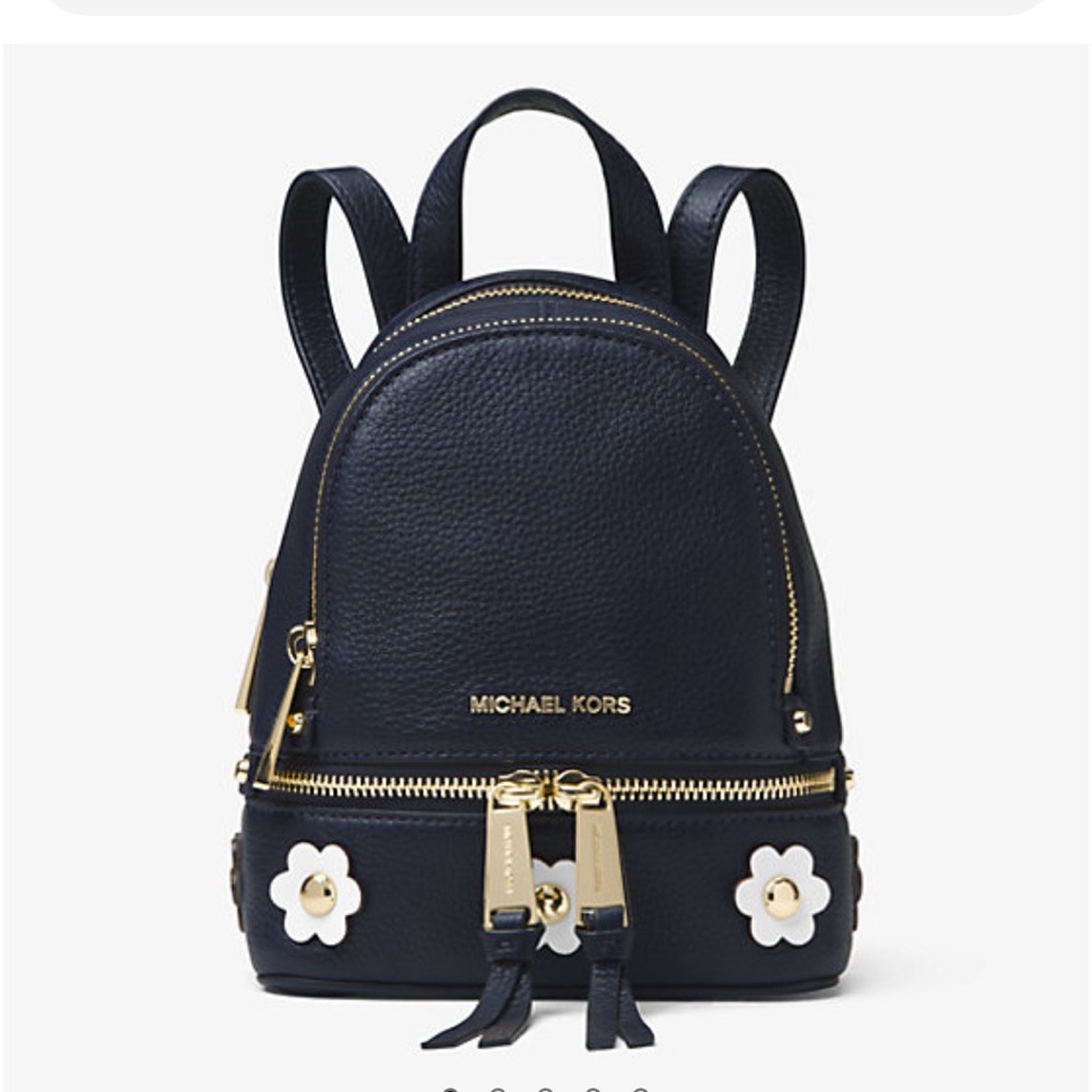 Michael Kors Rhea Mini Floral Appliqué Leather Backpack Navy Blue Bag Flowers